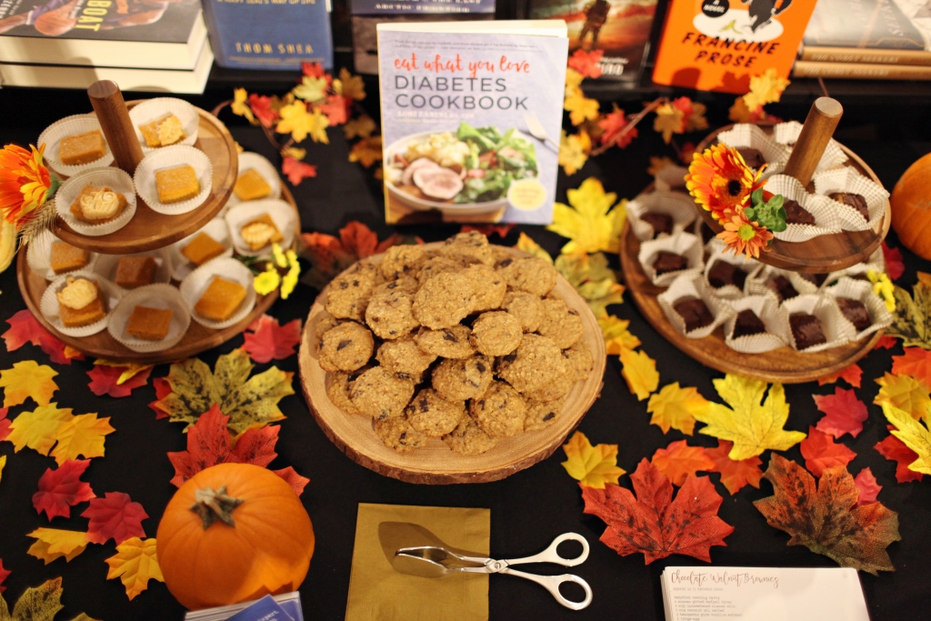 The diabetes-friendly desserts. Oatmeal Chocolate Chip Cookies, Maple Pumpkin Pie Bites, and Chocolate Walnut Brownies